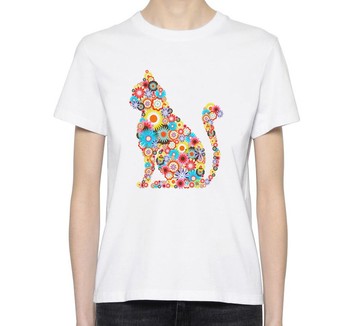 Floral Cat 男女短袖T恤 白色 花 貓 碎花 設計 插畫 藝術