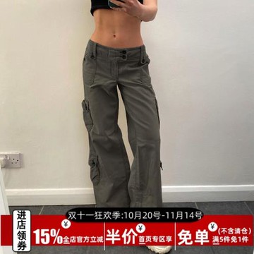 AOMR歐美復古口袋設計感工裝褲女褲夏秋純色街頭百搭寬松直筒褲子