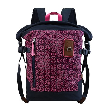 LOEWE Roll top 經典緹花雙開口休閒後背包.桃/深藍