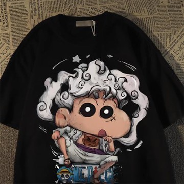 日系復古海賊王小新純棉短袖t恤男女夏2025新款oversize半袖上衣