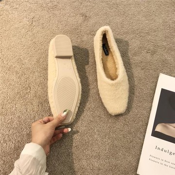 加絨豆豆鞋一腳蹬粗跟軟底網紅毛毛鞋女冬季外穿厚底保暖仙女單鞋