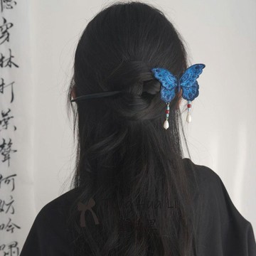 【蜜糖の髮飾】臺灣出貨古風黑木盤發蝴蝶髮簪新中式簪子古典刺繡漢服配飾簡約髮飾頭飾品