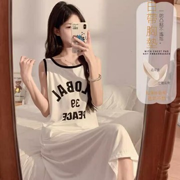 睡裙 夏季女款睡衣 莫代爾睡裙 無袖背心睡衣 可外穿睡裙 帶胸墊 春夏家居服 居家睡衣 女生睡裙【不二雜貨】