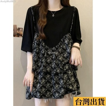 🌈台倉出庫🌈 大碼女裝別緻假兩件短袖T恤女夏季胖mm寬鬆遮肚子洋氣碎花打底衫上衣