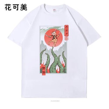 日系浮世繪貓咪喵美式復古洗水做舊短袖t恤男夏季新款潮寬松半袖