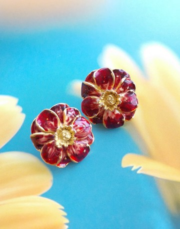 Vintage Jewelry 西洋古董飾品 紅琺瑯 花形 針式耳環
