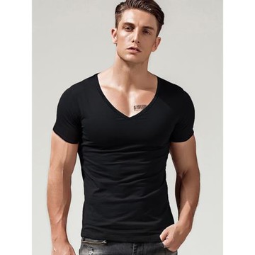 男t恤 短袖大V領白色青年半袖 緊身上衣彈力修身夏季雞心領體恤衫