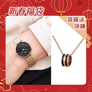 Daniel Wellington DW 手錶  28mm香檳金米蘭金+DW 雙色項鍊