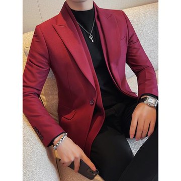 假兩件雙層領西裝外套男秋冬高級感輕奢西服韓版修身新年紅色禮服