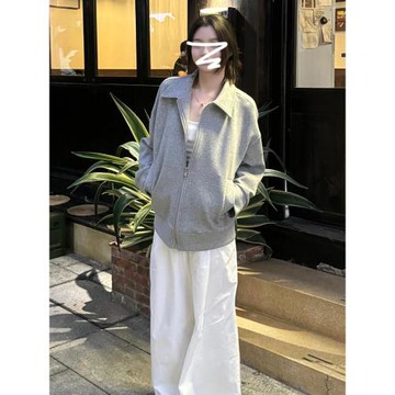 灰色翻領衛衣女春2026新款韓系穿搭寬松百搭休閑慵懶風開衫外套