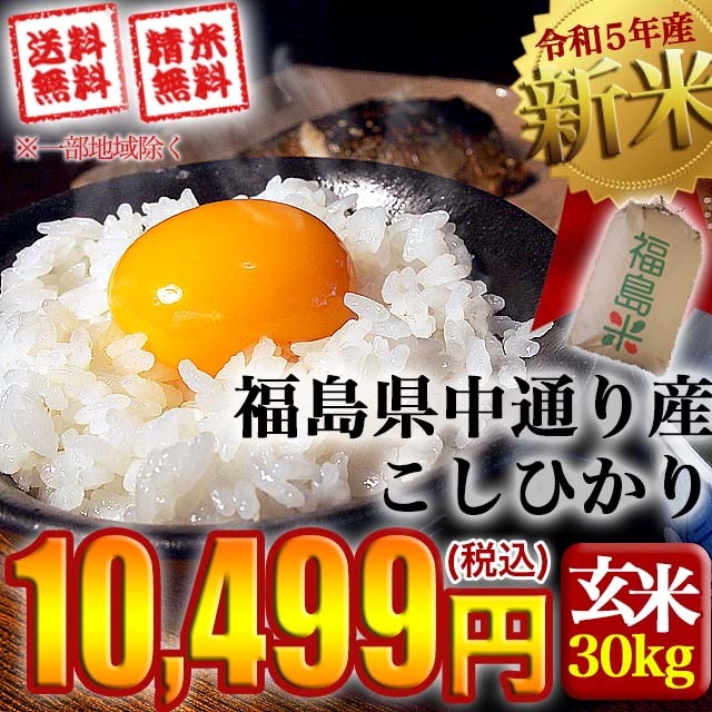 新米 令和5年産 福島県中通り産 コシヒカリ 玄米:30kg(白米:約27kg) 沖縄離島対応不可