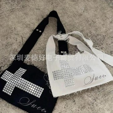 y2k千禧年歐美跨境外貿女孩帆布燙鉆單肩包手提包可調節酷女孩