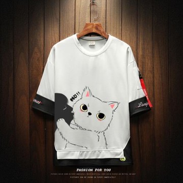 潮牌新款2023夏季男女生百搭休閑貓咪印花短袖上衣潮流打底上衣潮