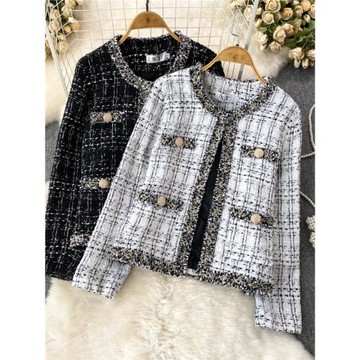 秋冬小香風復古圓領鑲邊設計感編織粗花呢短款外套女休閑夾克上衣