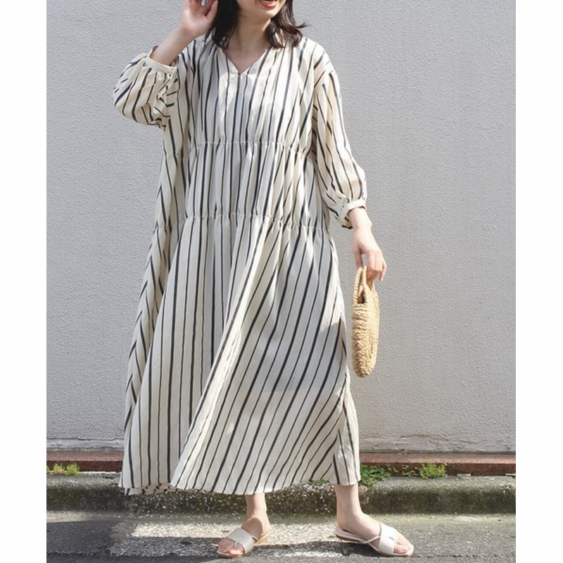 ワンピース 洗える シャーリング ストライプティアードワンピース 大きいサイズ対応 通販 Lineポイント最大0 5 Get Lineショッピング