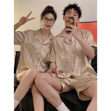 情侶睡衣女夏季冰絲薄款男士真絲綢加肥加大碼寬松提花家居服套裝