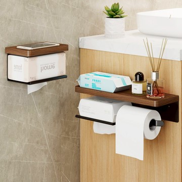 韻潔雅 北歐風格實木免打孔壁掛式衛生紙木架鋁製儲物防水捲架紙巾架浴室廚房置物架