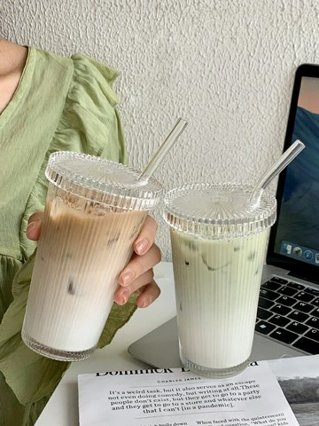 豎紋咖啡杯ins風帶蓋吸管玻璃杯家用女高顏值奶茶拿鐵杯喝水杯子