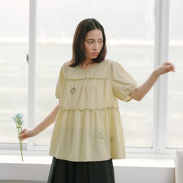 【Dailo】花苞袖泡泡布襯衫 藍 綠 米