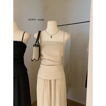 (免運)設計感褶皺修身吊帶背心抹胸上衣+松緊腰寬松闊腿長褲休閑套裝夏