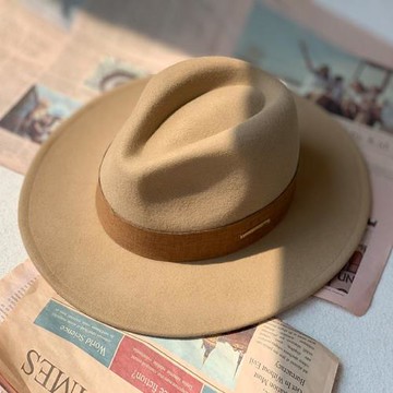 法式新款秋冬平沿羊毛呢禮帽男女時尚寬檐爵士百搭歐美大頭圍駝色