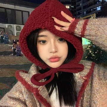 可愛的加厚羔羊毛絨帽子女士冬季騎行保暖防風帶護耳帽