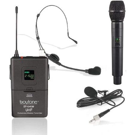 Boytone BT-104UM, UHF Wireless Microphone System, Dual fix Channel Handheld Dynamic Mics Lapel Headset Body Pack, for Home Party, Meeting, Wedding, Ch