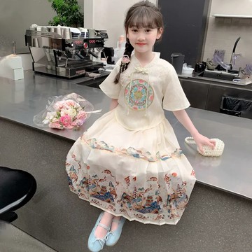 兒童漢服 女童馬面裙 國風兒童洋裝 夏裝兒童中式改良裙子套裝 女孩公主裙 夏款古風長裙 女生短袖長裙【不二雜貨】