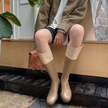 長筒靴 巨好看！拼色長靴女粗跟高筒靴顯瘦騎士靴2024年新款網紅