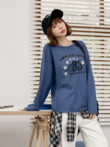 純棉復古配色印花長袖上衣