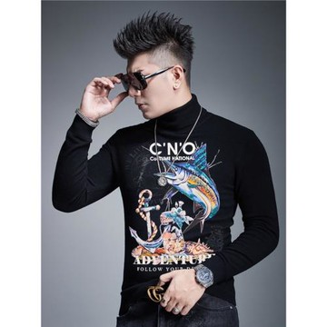 輕奢潮牌男士高領毛衣秋冬新款劍魚印花長袖保暖T恤針織打底衫男