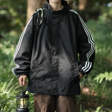 戶外防水沖鋒衣男連帽2025新款日系潮牌寬松學生三杠條紋運動夾克