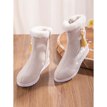 古風加絨保暖平底繡花流蘇漢服鞋