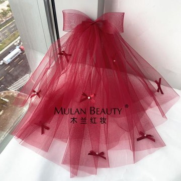 酒紅色蝴蝶結頭紗cosplay拍照短款造型頭飾品動漫展道具寫真超仙