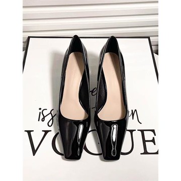 小眾氣質方頭漆皮高跟鞋女粗跟2025年新款夏黑色職業工作單鞋方頭
