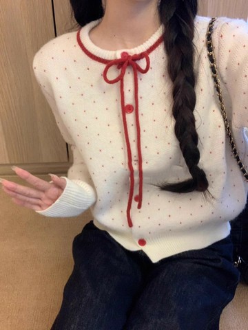 紅色波點外搭短款毛衣外套女秋冬2024新款韓系小個子針織開衫上衣【雲木雜貨】