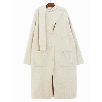 圍巾拼接棒針純色毛衣女長款2025冬裝寬松顯瘦中長款針織開衫外套