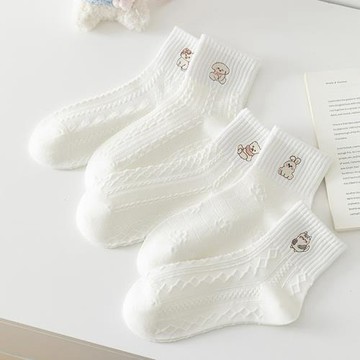 襪子女春夏季薄款INS卡通條紋刺繡小白襪中筒棉襪百搭女襪子批發