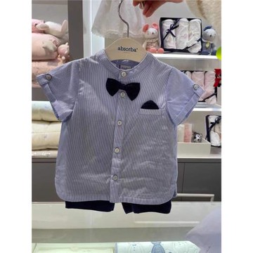 韓國童裝 23夏新款男童寶寶領結圓領短袖襯衣 短褲周歲服紳士套裝