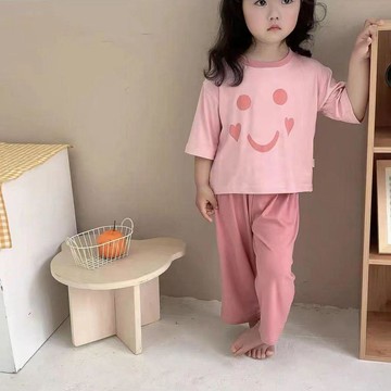 Healthy baby 兒童睡衣女孩夏季薄款冰絲五分袖套裝男孩韓版居家空調衣服中大童 女童睡衣 女童家居服 兒童睡衣