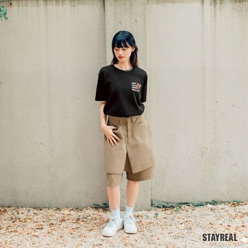 STAYREAL KEEP GOING假兩件層次斜紋短褲 - 卡其