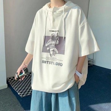 日系cityboy夏季短袖薄款衛衣男設計感小衆oversize連帽五分袖12