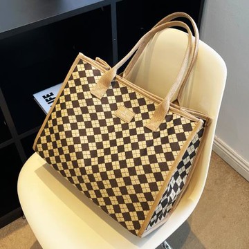 原創帆布手提包女公文包通勤文件包單肩包格子托特包大容量購物袋