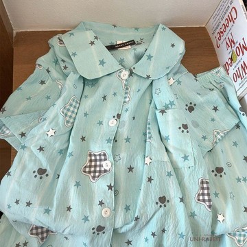 文藝風ins雲朵棉夏日薄荷綠星星開衫睡衣女短袖短褲學生宿舍套裝韓國居家服睡衣套裝女生睡衣居家睡衣睡衣女