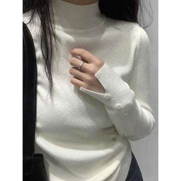 半高領針織衫女秋冬修身內搭開叉高級設計感小眾白色毛衣打底上衣