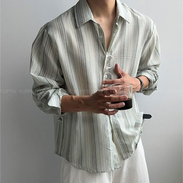 正韓夏日泡泡紗壓紋層次條紋長袖襯衫 4色 YUPPIE 預購商品 0818