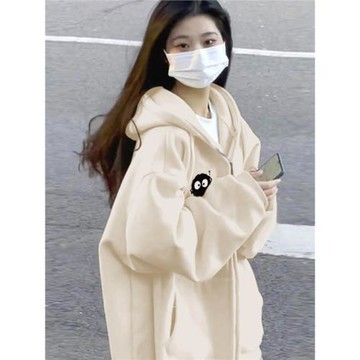 美式復古潮牌加絨加厚連帽衛衣女秋冬oversize外套chic慵懶開衫