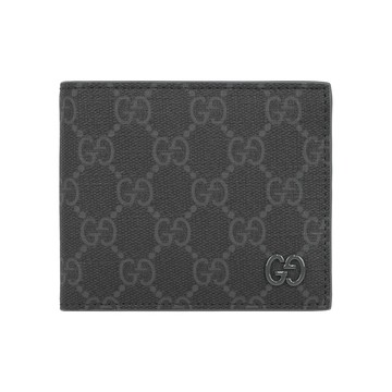 GUCCI 灰色GG Logo 塗層帆布對開8卡短夾(黑色/灰色)