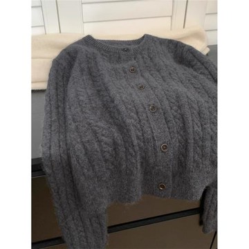 灰色麻花馬海毛短款毛衣外套女秋冬季2024新款小個子針織開衫上衣