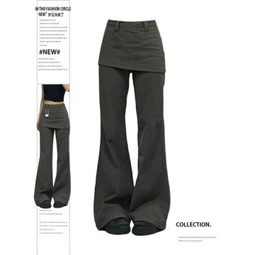 大碼美潮復古假兩件屁簾牛仔褲2025微喇工裝顯瘦直筒疊穿闊腿長褲